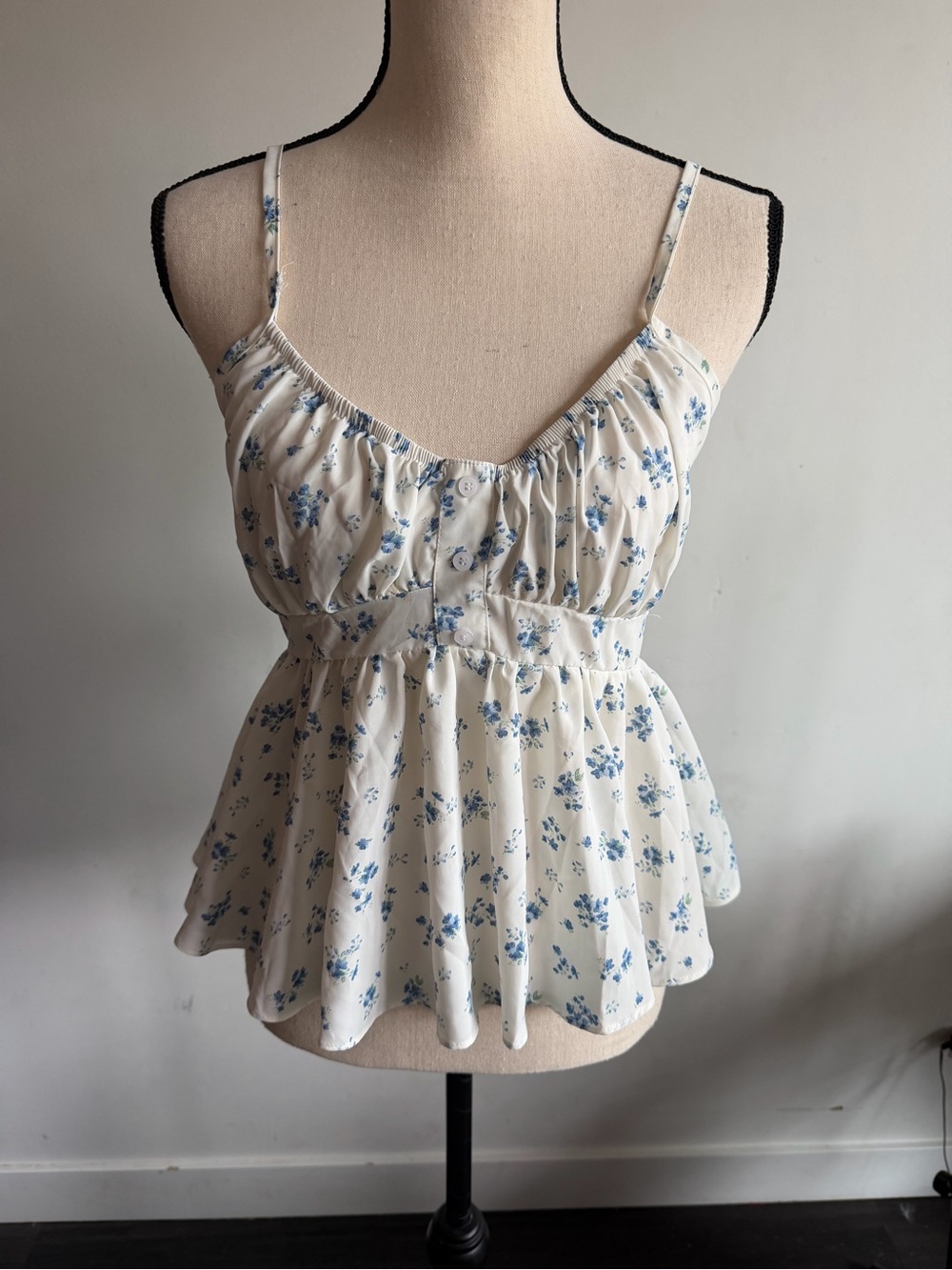 Floral Peplum Cami Top in Cream and Blue